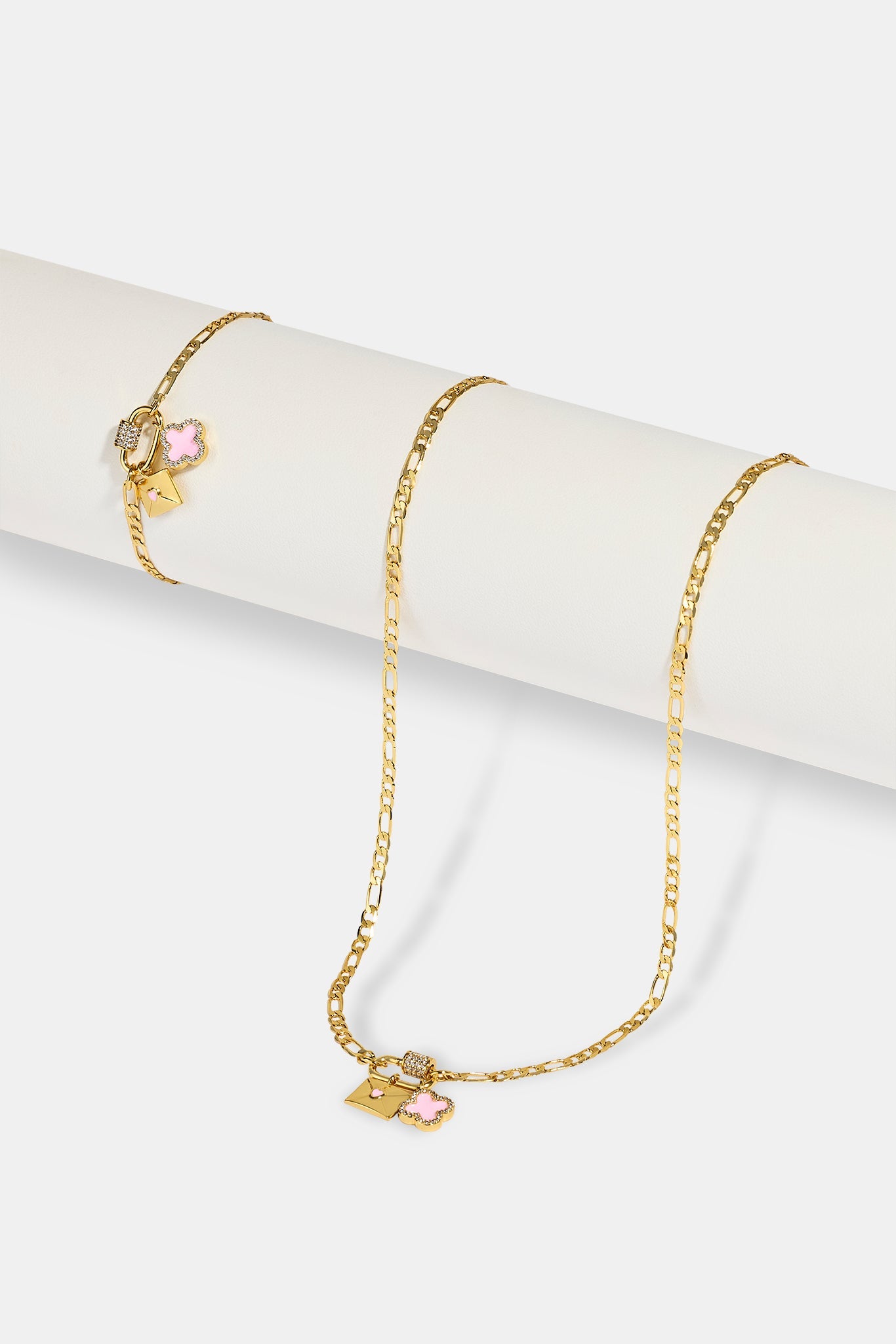 Iced Bar Pendant & Pink Enamel Motif Necklace & Bracelet - 10mm - Gold